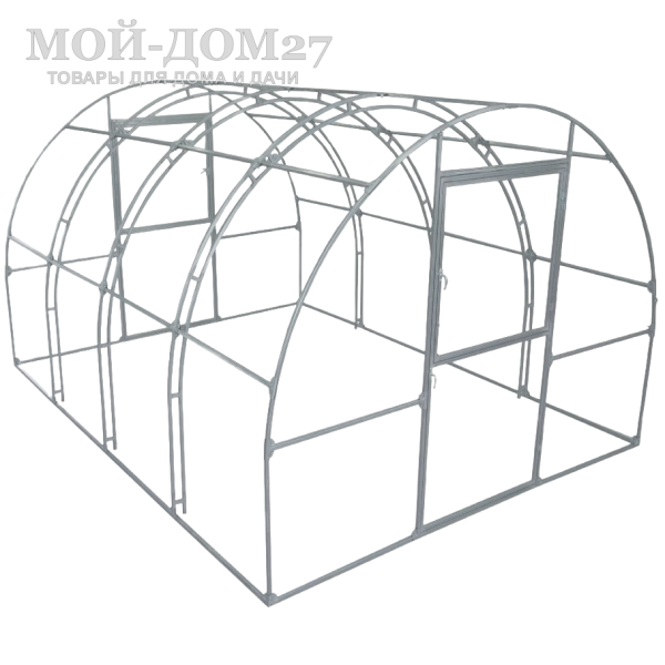 Каркас теплицы 3х4 СверхПрочная | Мой-Дом27 | Ширина - 3 метра. Высота - 2,1 метра. Длина - 4 метра.<br>
 Выдерживаемая снеговая нагрузка - 150 кг/м2. Выдерживаемая ветровая нагрузка - до 22 м/с.<br>
 Оцинкованная профильная труба 20х20 мм<br>
 Расстояние между дугами 1 метра. <b>ДВОЙНАЯ ДУГА под дугой приварена еще одна дуга. </b>Ширина двери 0,96 метра.<br>