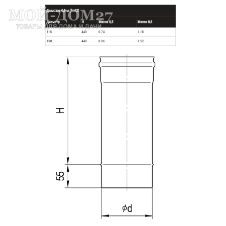 Труба дымоходная 0,5 метра 150 мм (430/0,5) | Мой-Дом27 | Предназначен для отвода дыма и газов на прямом участке.