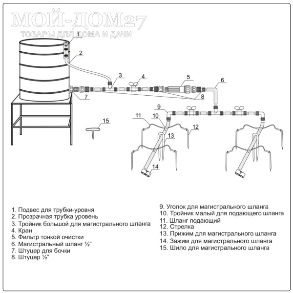Капельный полив ЖУК от ёмкости на 30 растений | Мой-Дом27 | <u>Комплект рассчитан на полив</u>:&nbsp;до 30 растений (2 грядки по 3 метра), так же может использоваться как расширительный комплект для уже существующей системы капельного полива<br>
 Полив осуществляется непосредственно в прикорневую систему, благодаря этому растения не болеют из-за избыточной влаги или ожогов<br>