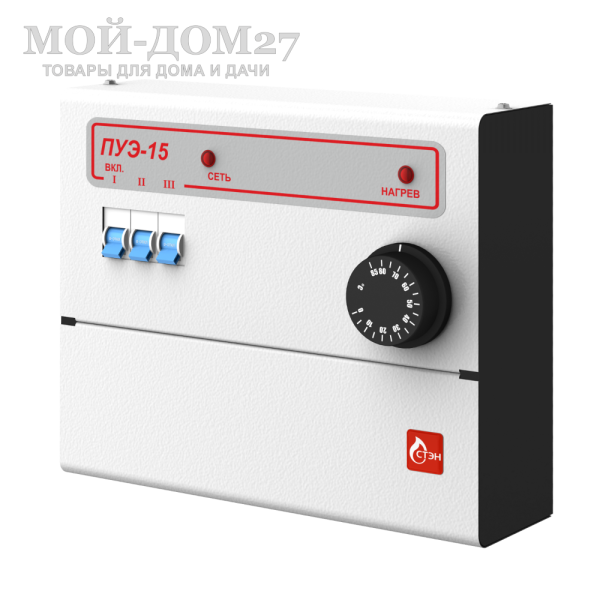 Пульт управления Комфорт-ПУЭ-15 на теплоноситель (накладной) | Мой-Дом27 Пульт управления Комфорт-ПУЭ-15 на теплоноситель (накладной) | Мой-Дом27 | Пульт управления электронагревателем (далее ПУЭ) предназначен для управления работой электрических устройств, где требуется автоматическое поддерживание установленного значения температуры теплоносителя в диапазоне 0÷85 °С.<br>
 В частности ПУЭ может использоваться для управления температурой теплоносителя в котлах при использовании электронагревательного элемента типа ТЭНБ мощностью до 15 кВт.<br>